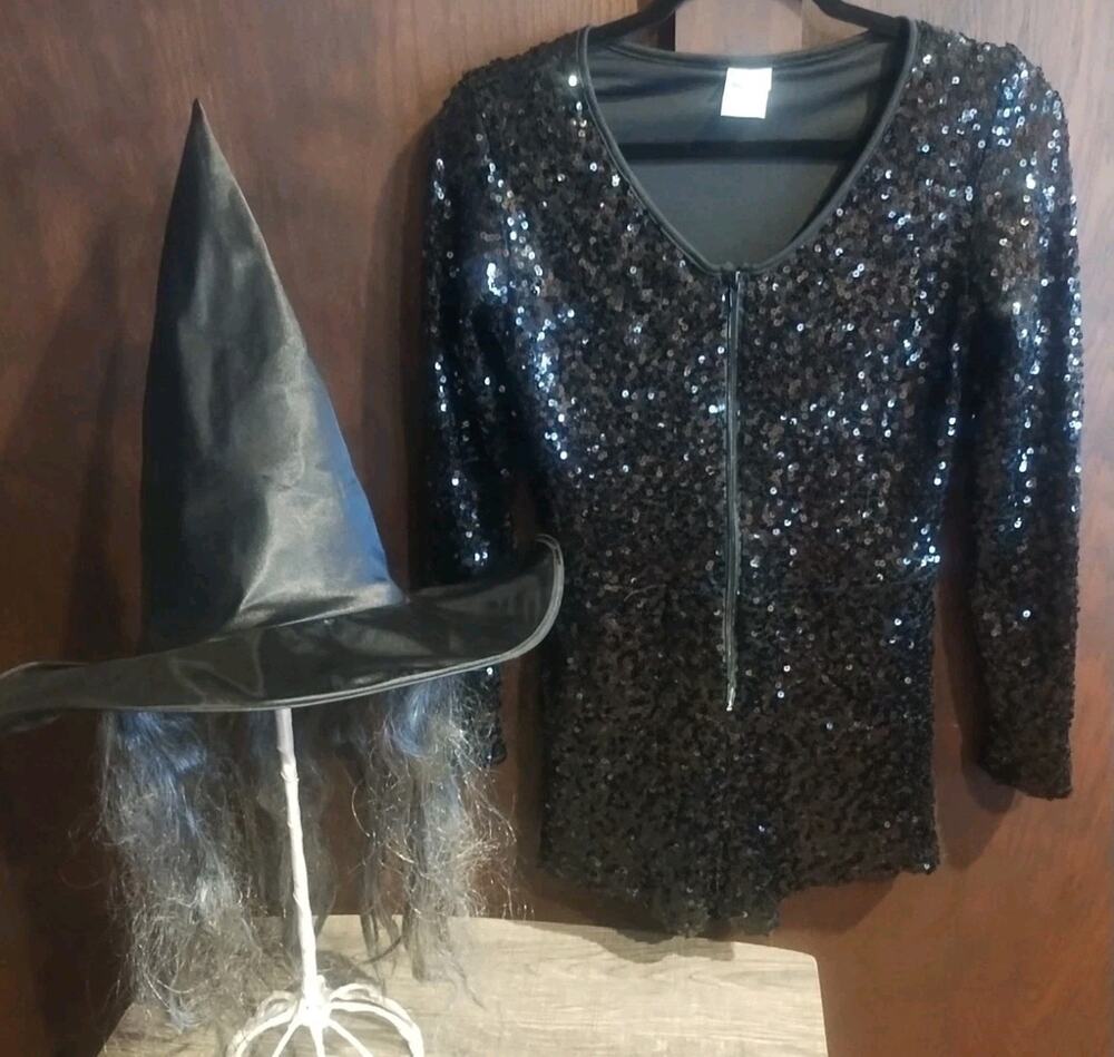 Wicked Witch Sequin Romper & Hat /w hair Halloween Costume Womens Small 2 piece